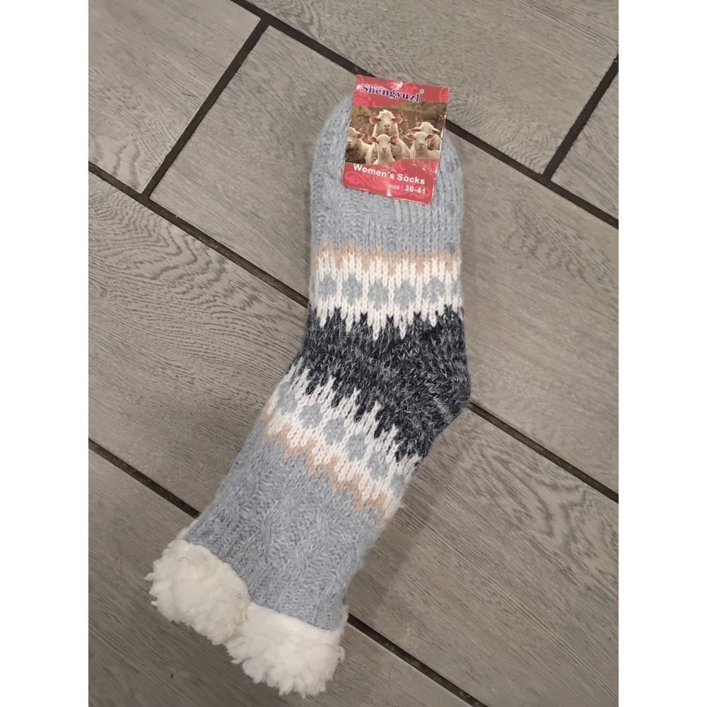 Shengyuzl Women Slipper Socks Fuzzy Sherpa Lined Blue Fair Isle Non-Slip -5-9